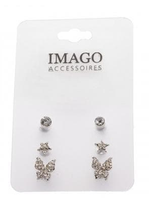 3 par Stud Silver Örhängen - Enkla Rhinestones, Stjärna & Fjäril