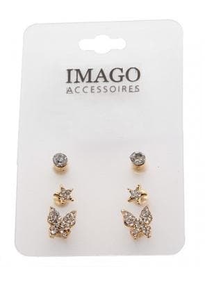 3 par Stud Guld Örhängen - Enkla Rhinestones, Stjärna & Fjäril