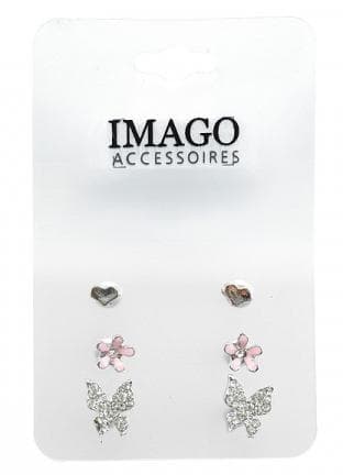 3 par Stud Silver Örhängen - Hjärta, Blomma & Fjäril med Strass