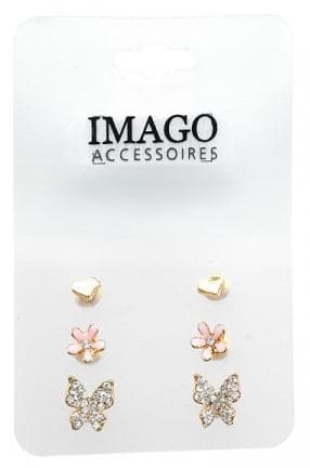 3 par Stud Guld Örhängen - Hjärta, Blomma & Fjäril med Strass