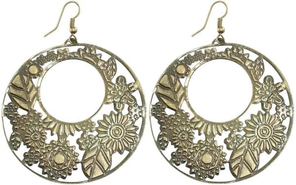 Bohemiska Runda Retro Örhängen i Brons Färg med Blommigt Mönster