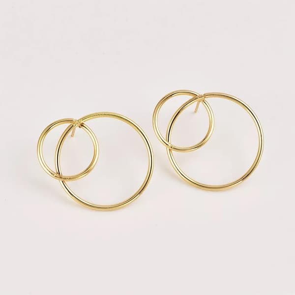Guld Örhängen med Hängande Dubbla Ihopsatta Enkla Cirklar/Ringar