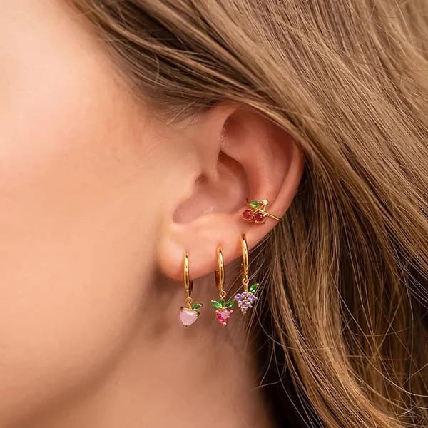 Guld Earcuff Ear Cuff Örhänge med Söta Körsbär med Kristaller