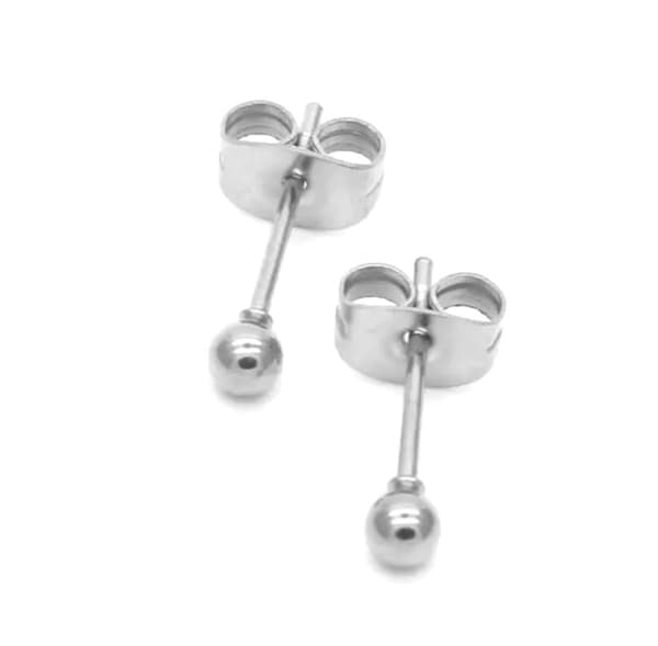 Små Silver Stud Örhängen i Rostfritt Stål - Klassiska Blanka Kulor/Pärlor - Vit Guldpläterade - 3 mm