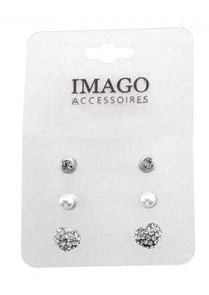 3 par Stud Silver Örhängen - Enkla Rhinestones, Pärla & Hjärta
