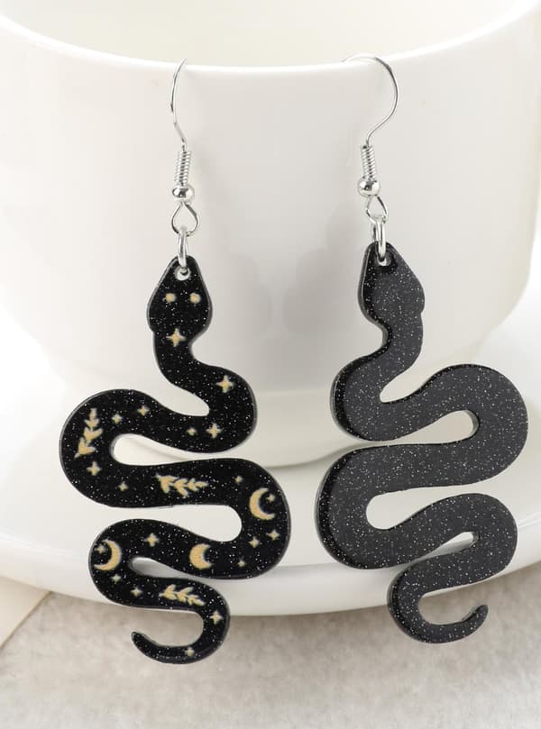 Earrings - Snake - Black - Printed - Acrylic