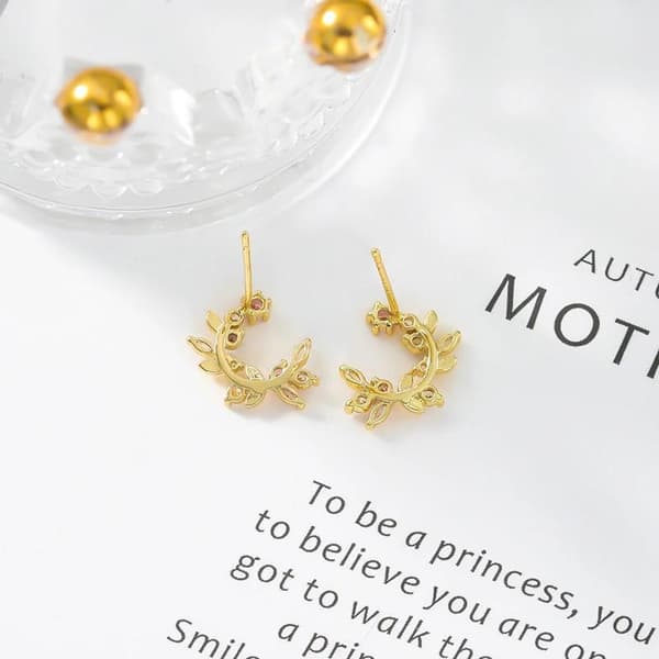 Guld Stud Örhängen - Löv / Blad med Rosa & Vita Rhinestones
