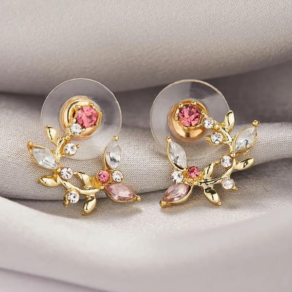 Guld Stud Örhängen - Löv / Blad med Rosa & Vita Rhinestones