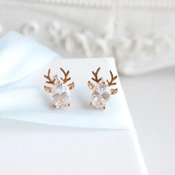 Guld Örhängen till Jul / Christmas - Ren med Vit Rhinestone