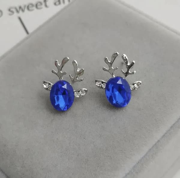 Silver Örhängen till Jul / Christmas - Ren med Blå Rhinestone