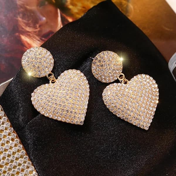Lyxiga Strass Guld Örhängen - Glittrande Hjärta & Rhinestones