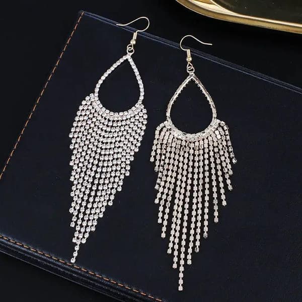 Strass Silver Örhängen - Droppe & Kedjor med Vita Rhinestones