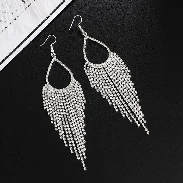 Strass Silver Örhängen - Droppe & Kedjor med Vita Rhinestones