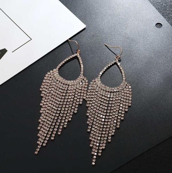 Strass Guld Örhängen - Droppe & Kedjor med Vita Rhinestones
