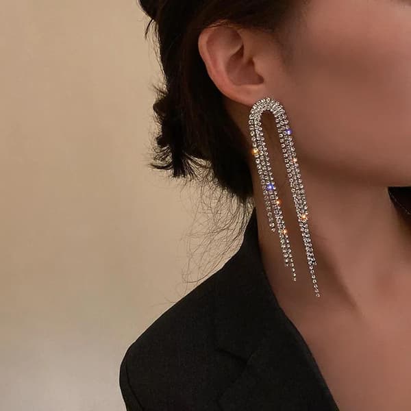 Strass Silver Örhängen med Kedjor - Glittrande Vita Rhinestones