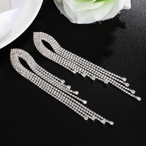 Strass Silver Örhängen med Kedjor - Glittrande Vita Rhinestones
