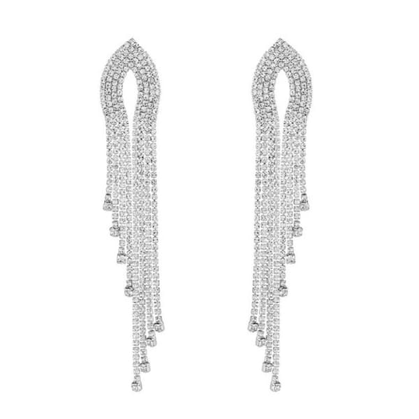 Strass Silver Örhängen med Kedjor - Glittrande Vita Rhinestones