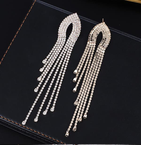 Strass Guld Örhängen med Kedjor - Glittrande Vita Rhinestones