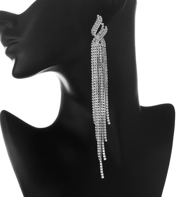 Strass Silver Örhängen med Kedjor - Glittrande Vita Rhinestones