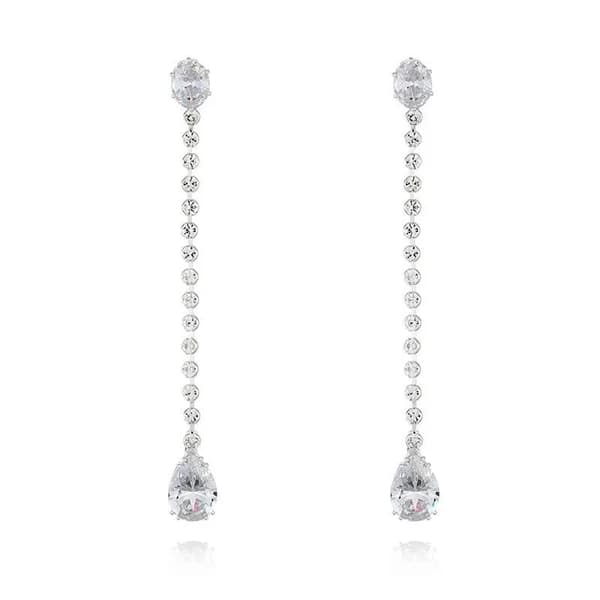 Strass Silver Örhängen med Kedja & Droppe med Vita Rhinestones