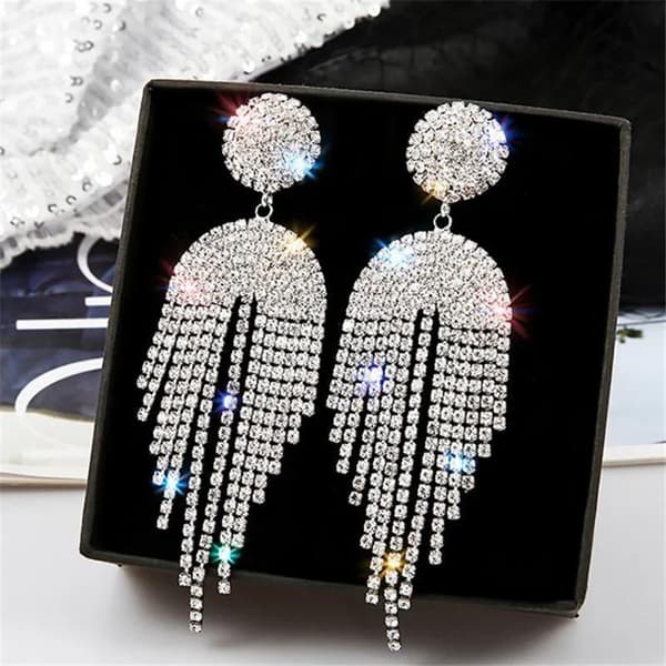 Strass Silver Örhängen med Kedjor - Glittrande Vita Rhinestones