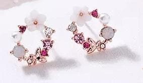 Rosé Guld Stud Örhängen - Blommor med Rhinestones & Pärlor