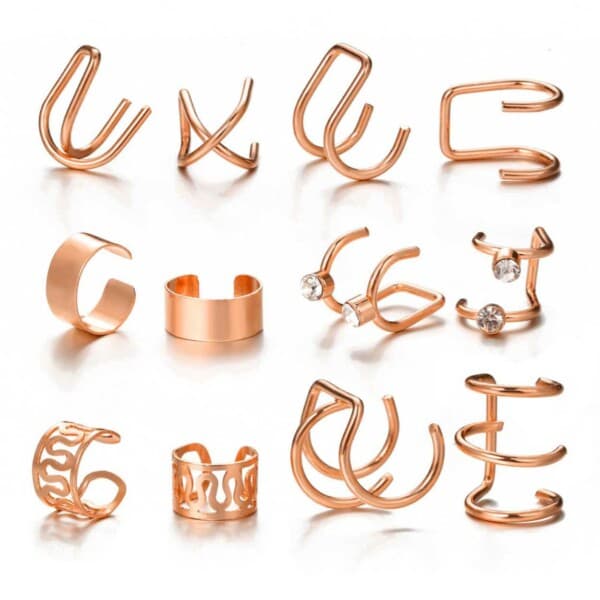 Falske helix piercing 12-pack øreringer øre mansjett uten hull rosegull