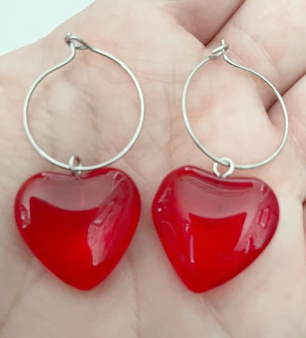 Earrings - Heart - Red - Stainless Steel - Creoles