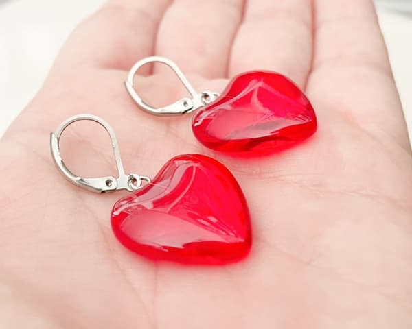 Earrings - Heart - Red - Stainless Steel - Brisure