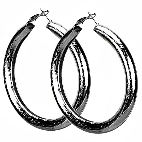 Stora Breda Runda Silver Hoop Örhängen - Fint Snirkligt Mönster