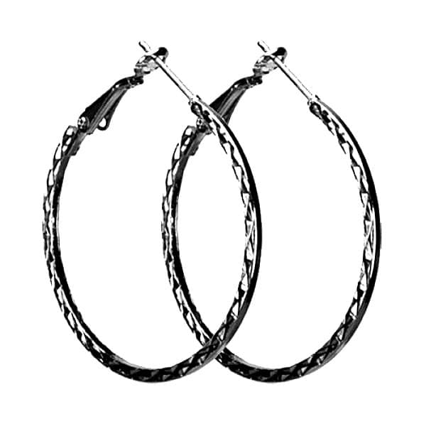 Runda Mönstrade Silver Hoop Örhängen med Kantig Design - 4 cm