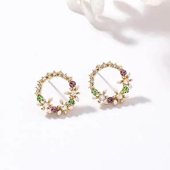 Guld Stud Örhängen - Blommor med Rhinestones i Olika Färger