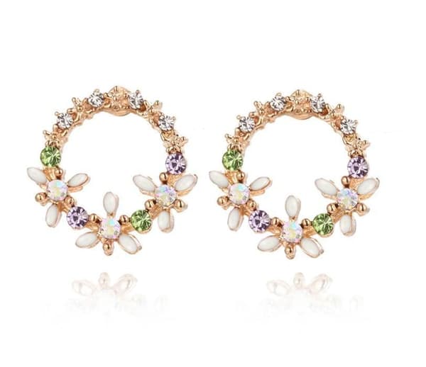 Guld Stud Örhängen - Blommor med Rhinestones i Olika Färger
