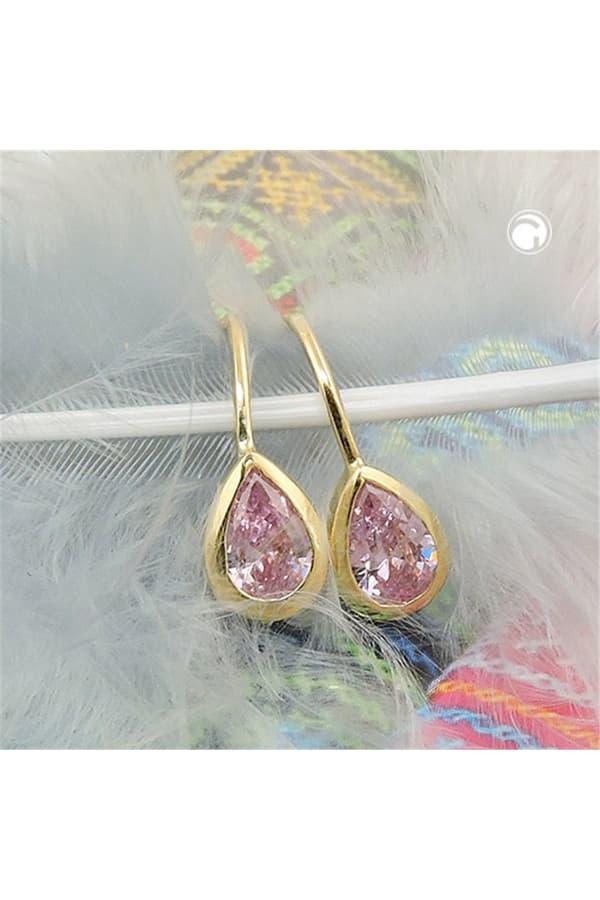 Leverback Earrings 14x5mm Drop Cubic Zirconia Pink 9k Gold - GL431390