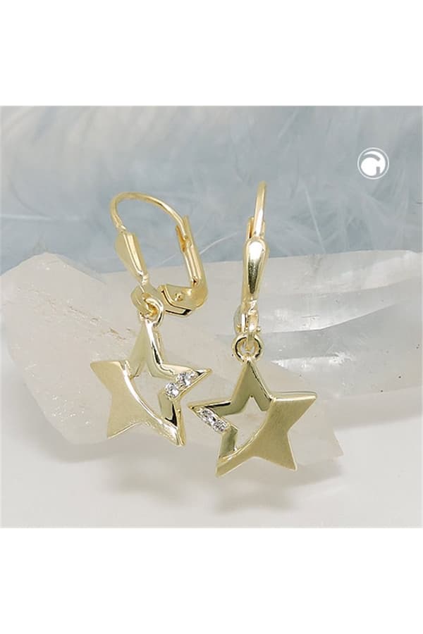Leverback Earrings 25x10mm Star Partially Frosted With Zirconias 9k Gold - GL431358