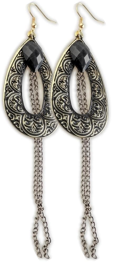 Långa Retro Guld Örhängen - Boho Hängen, Svarta Pärlor & Kedjor