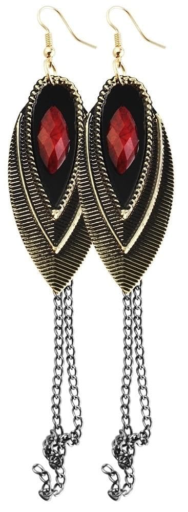 Långa Retro Guld Örhängen - Boho Hängen, Röda Pärlor & Kedjor
