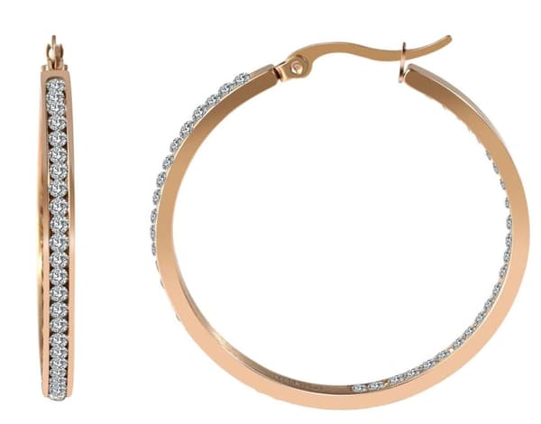Rosé Guld Hoop Örhängen i Rostfritt Stål & Vita Rhinestones 4 cm