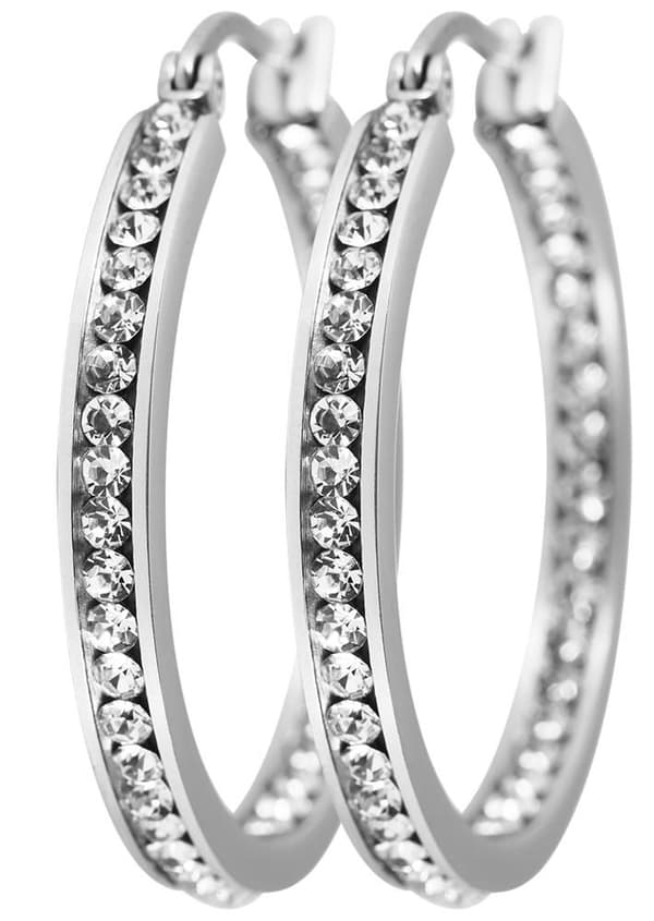 Silver Hoop Örhängen i Rostfritt Stål & Vita Rhinestones 3 cm