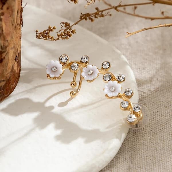 1 st Guld Ear Cuff & Örhänge - Rhinestones & Blomma -Vänster Öra