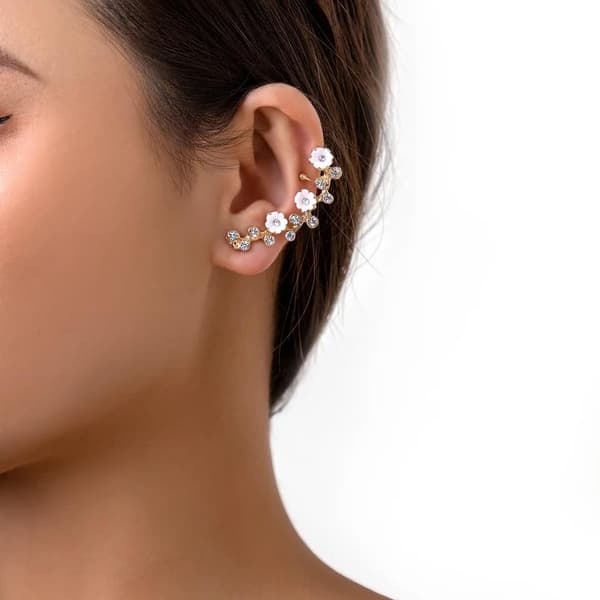 1 st Guld Ear Cuff & Örhänge - Rhinestones & Blomma -Vänster Öra