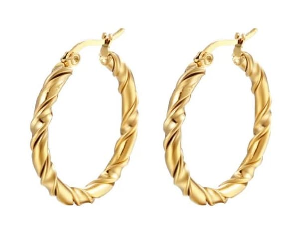 Runda Tvinnade Hoop Guld Örhängen i Stål - 14K Guldpläterade