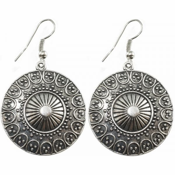 Bohemiska Runda Retro Örhängen i Silver Färg med Etniskt Mönster