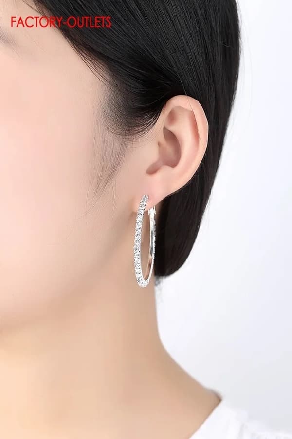 Glittrande Silver Örhängen -Hoop med Vit Strass/Rhinestones 4 cm