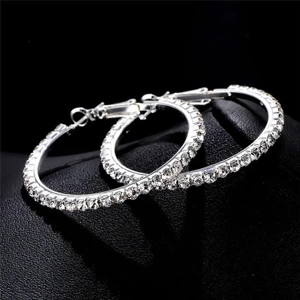 Glittrande Silver Örhängen -Hoop med Vit Strass/Rhinestones 4 cm
