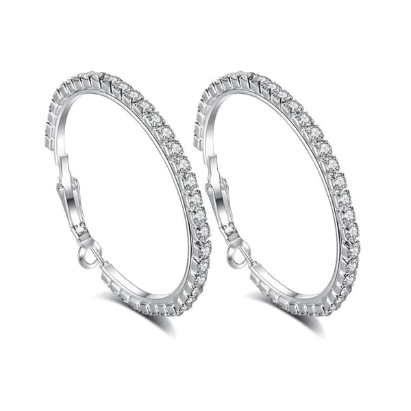 Glittrande Silver Örhängen -Hoop med Vit Strass/Rhinestones 4 cm
