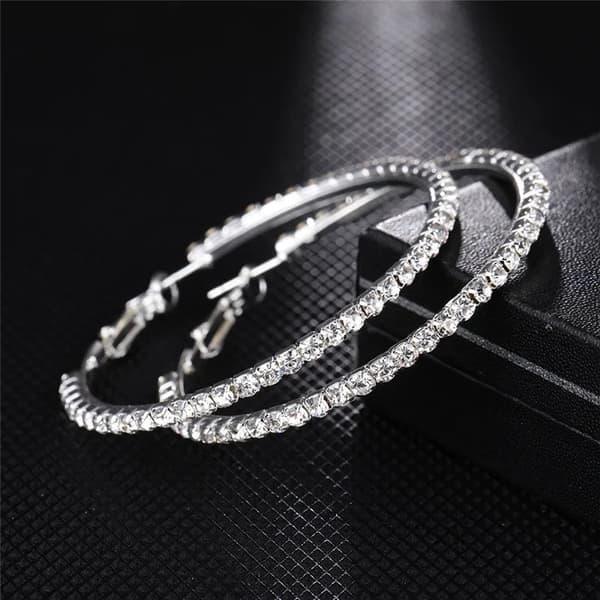Glittrande Silver Örhängen -Hoop med Vit Strass/Rhinestones 6 cm