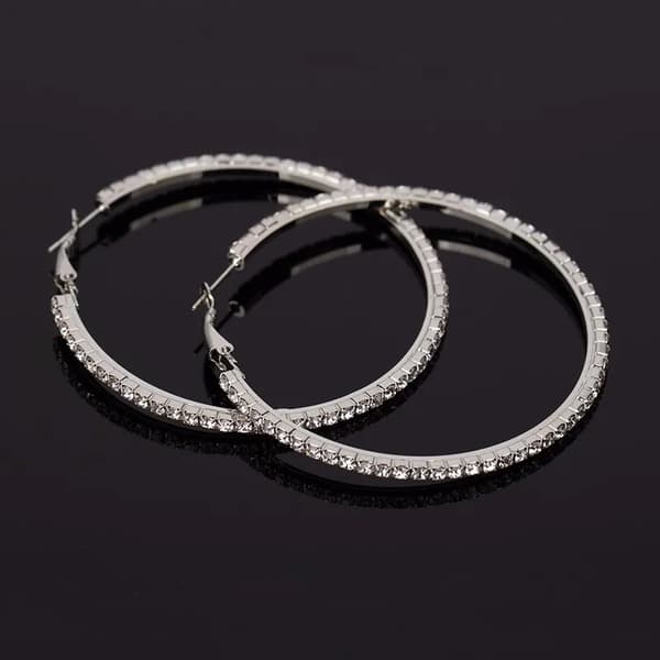 Glittrande Silver Örhängen -Hoop med Vit Strass/Rhinestones 6 cm