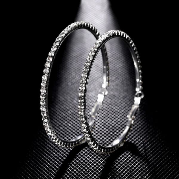 Glittrande Silver Örhängen -Hoop med Vit Strass/Rhinestones 6 cm