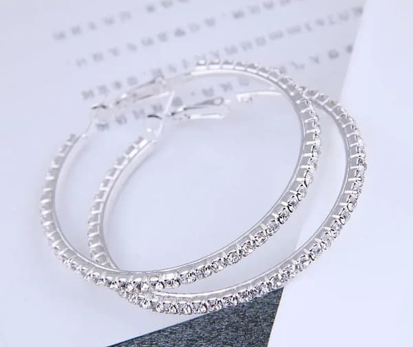Glittrande Silver Örhängen -Hoop med Vit Strass/Rhinestones 7 cm